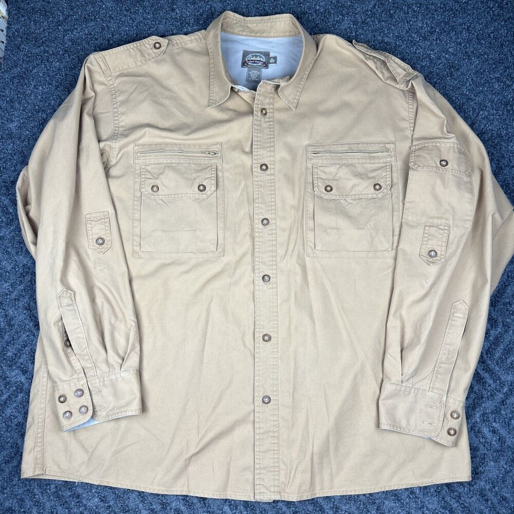 Cabela’s Safari Series Canvas Button Up Shirt Men’s XL Tan Cotton Zip Pockets
